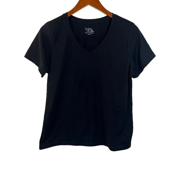 Time and Tru Black V Neck Short Sleeve T Shirt Size Medium Neutral Basic Casual - Picture 1 of 3